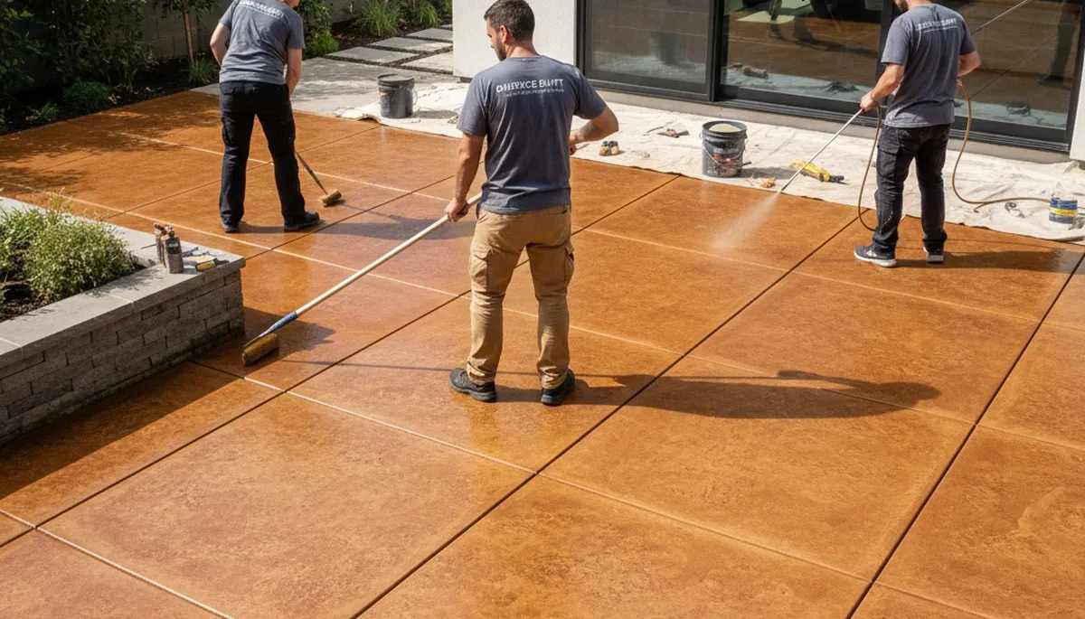 Professional concrete staining on Spokane, WA driveway showing durable, decorative finish by local painters