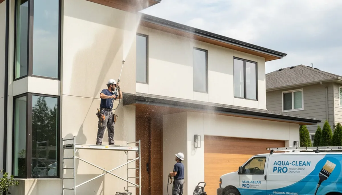 Professional pressure cleaning restoring home siding and driveway in Spokane, WA