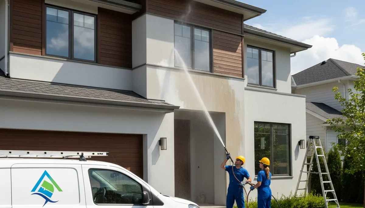 Professional pressure cleaning restoring home siding and driveway in Spokane, WA