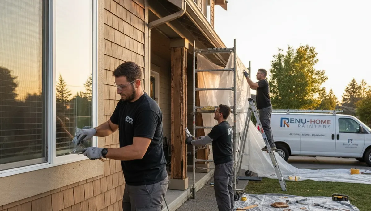 Wood rot repair on Spokane, WA home exterior by professional house painters restoring damaged siding